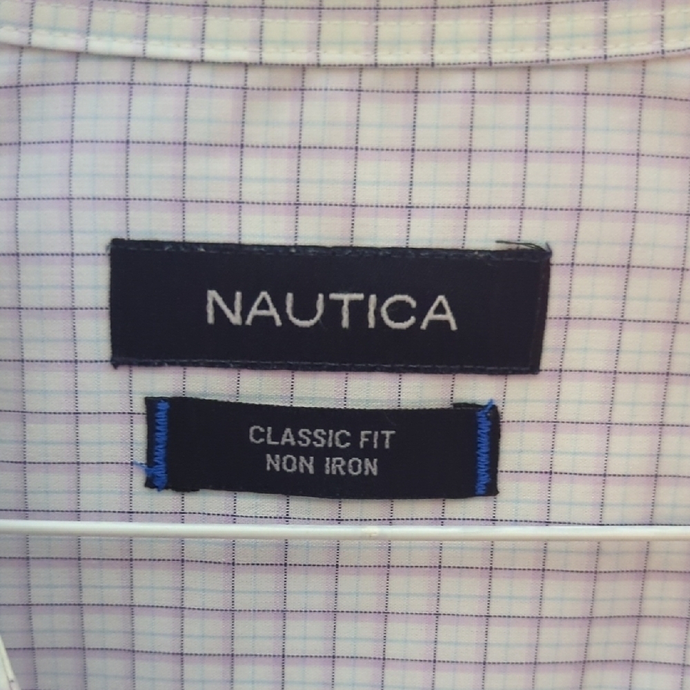 Nautica Men's White and Blue Plaid  Dress Shirt - Picture 3 of 8